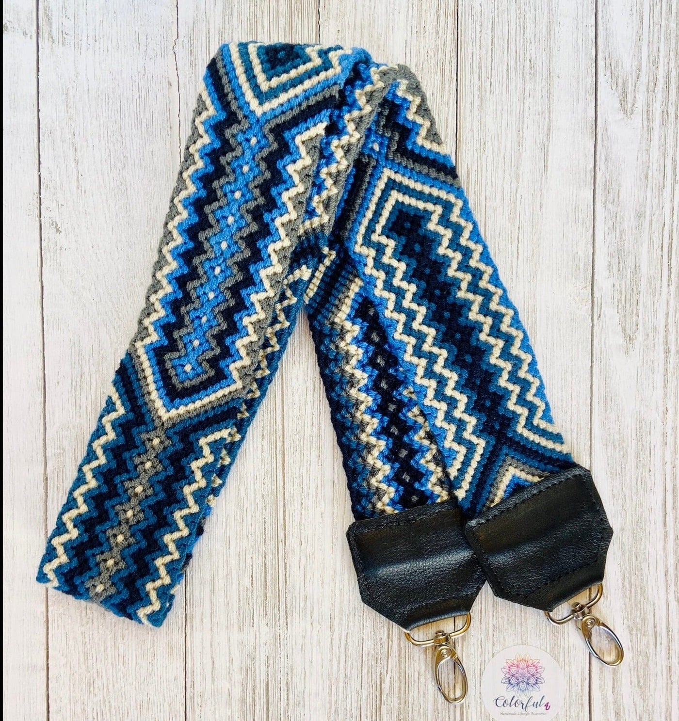 Blue/ Black Leather Macrame Bag Strap | Camera Strap | Strap Replacement | Woven Strap | Colorful 4U