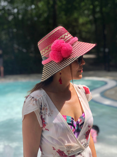 Wearing Pink - Black Hand-woven Boho Hat | Wayuu Hat | Summer Hat | Sun Straw Hat