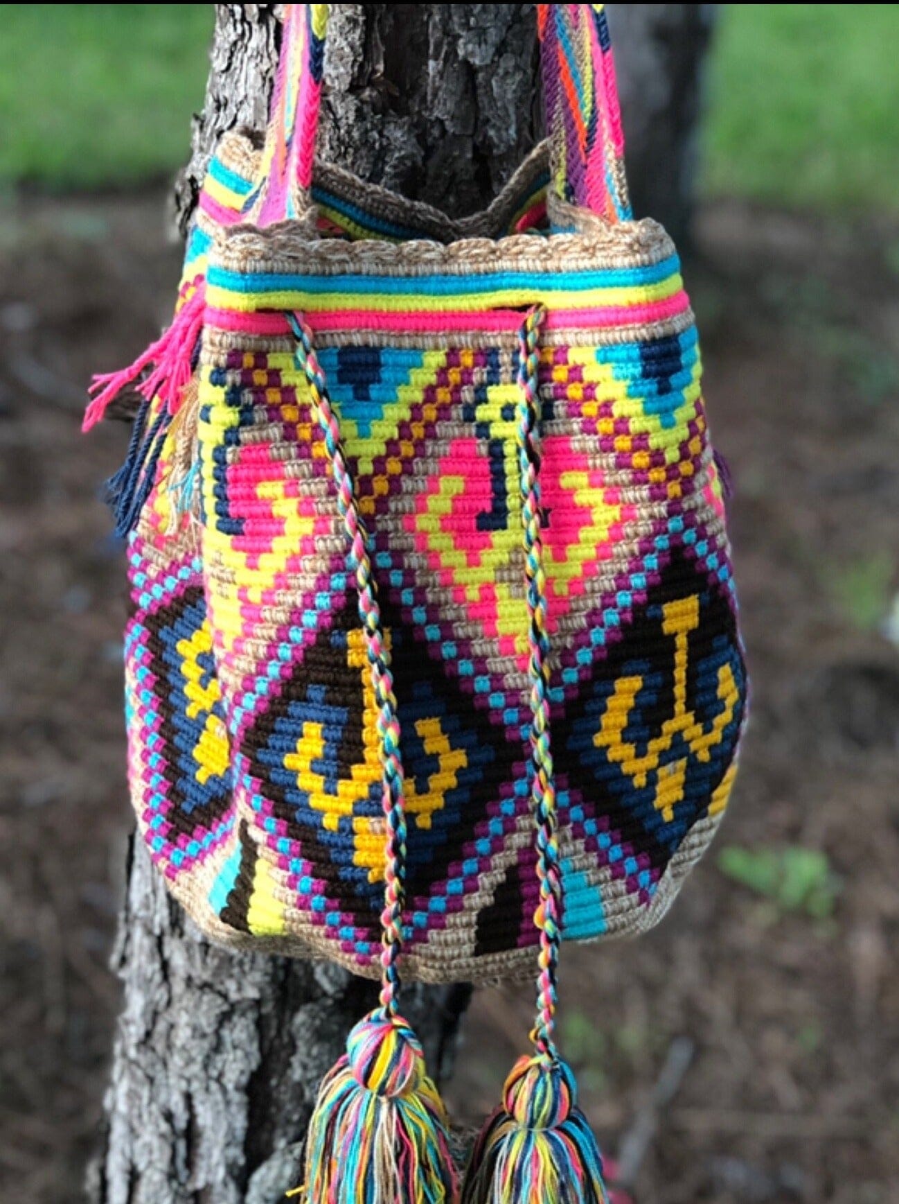 Navy Anchor pattern Boho Beach Bag for Summer | Large Crochet Wayuu Bag Style | Colorful 4U