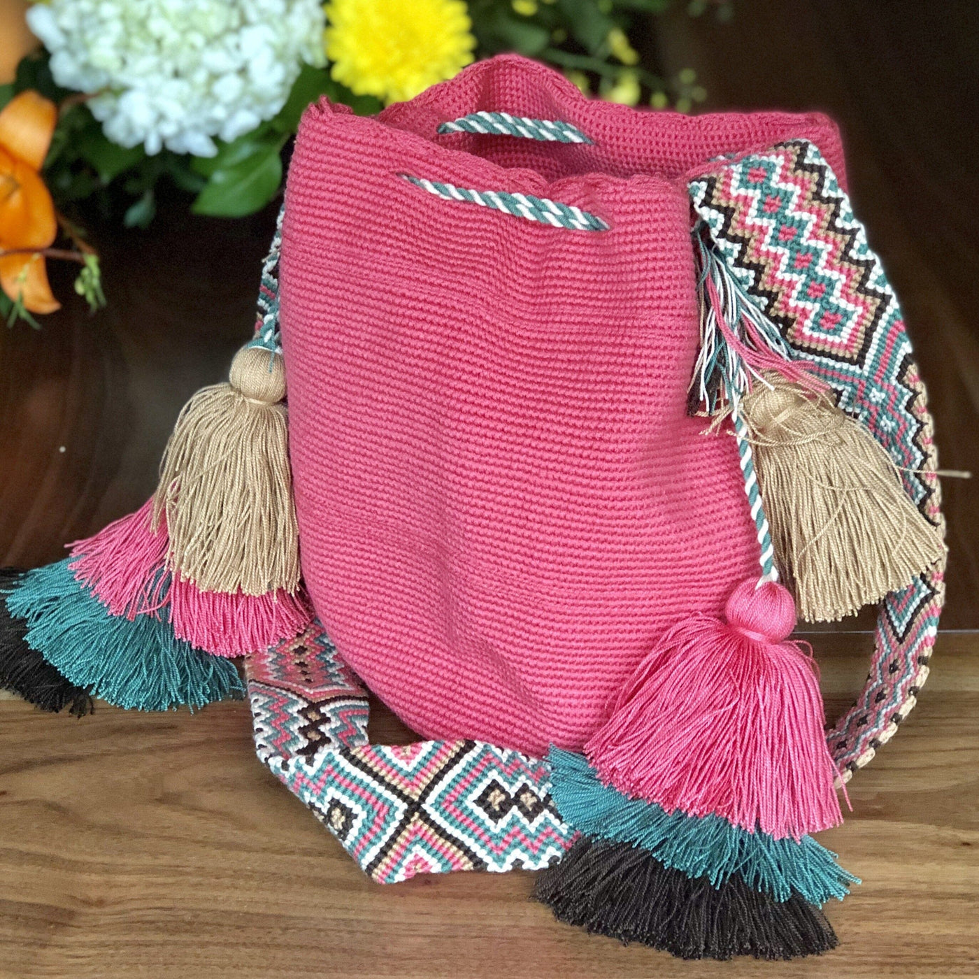 Rose Red Colorful Bohemian Handbag with Tassels | Crossbody Bucket Crochet Bag