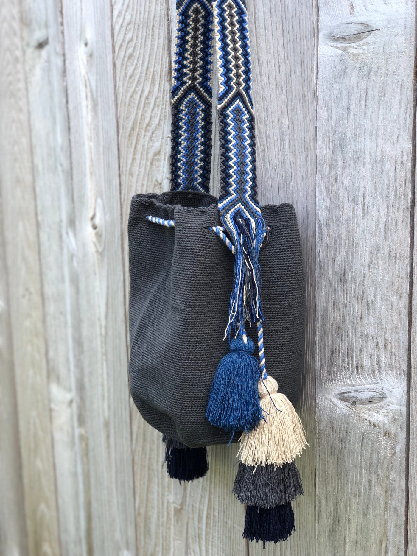 Dark Gray Colorful Bohemian Handbag with Tassels | Crossbody Bucket Crochet Bag