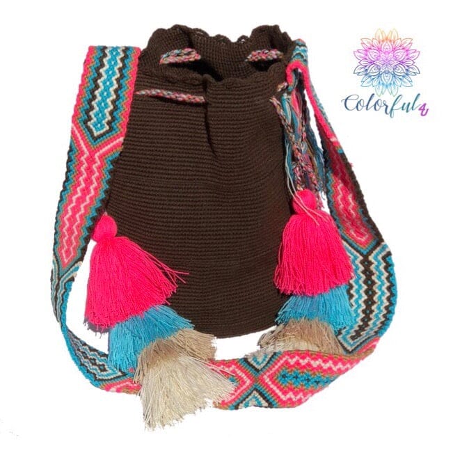 Brown Colorful Bohemian Handbag with Tassels | Crossbody Bucket Crochet Bag