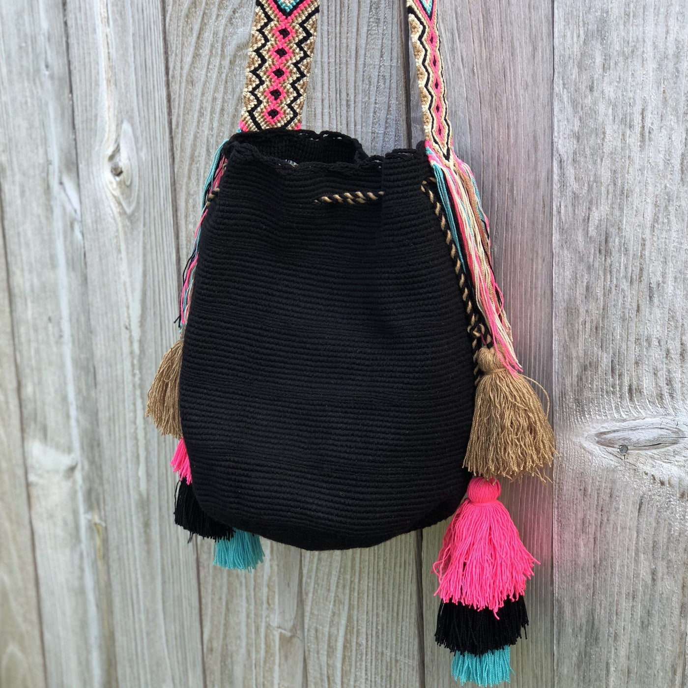 Black -Pink Colorful Bohemian Handbag with Tassels | Crossbody Bucket Crochet Bag