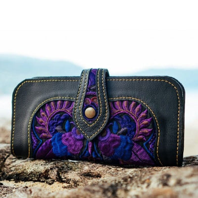 Bohemian Embroidered Wallet - Handmade Leather Wallet Embroidered Bag Purple Birds 