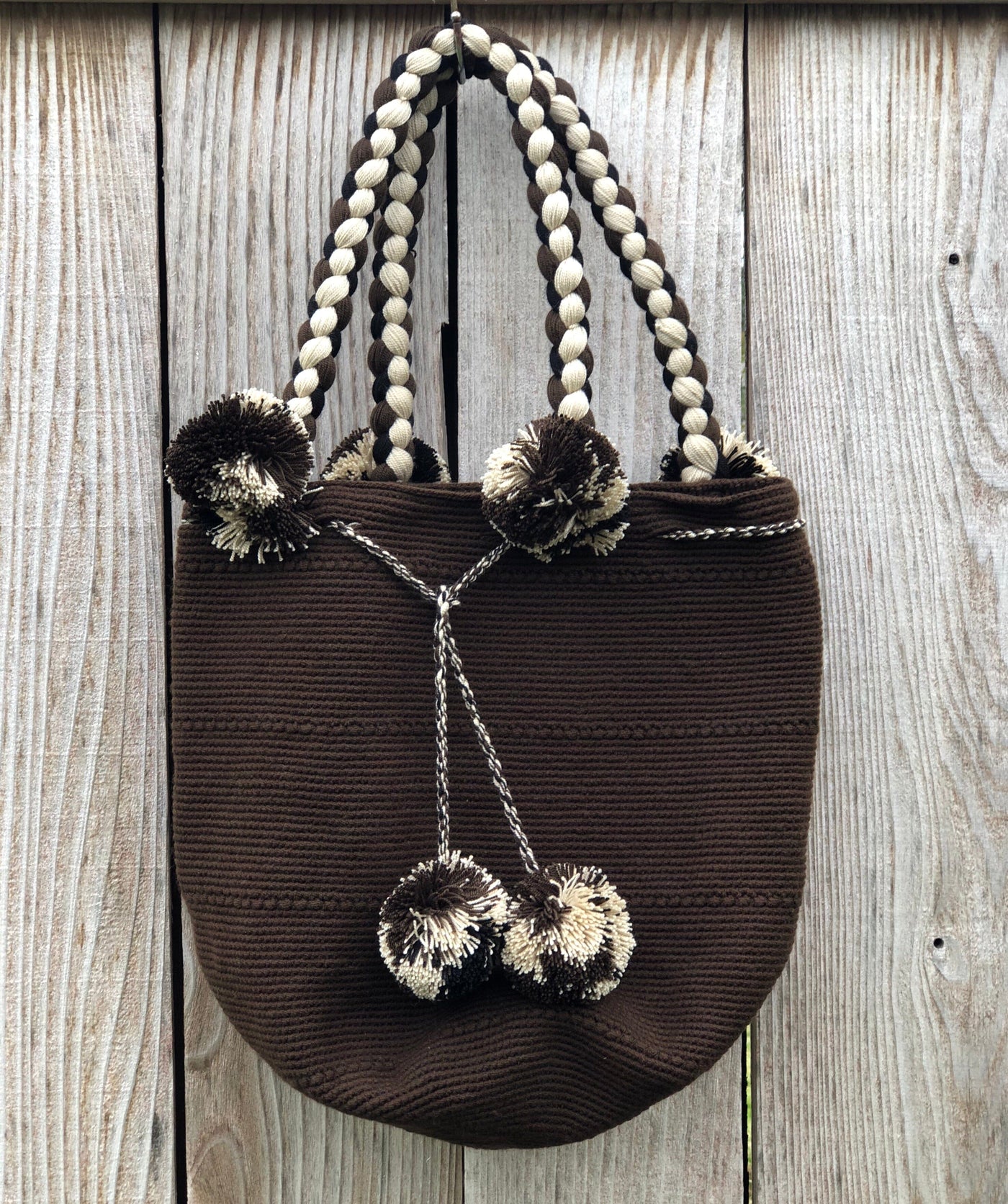 DARK BROWN Braided Handle Boho Bag -Crochet Pompom Handbag - Bohemian Bag -Wayuu