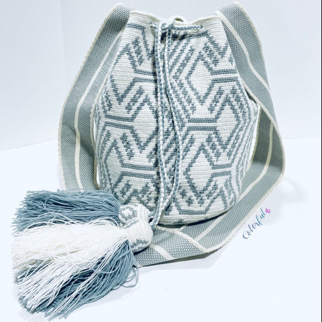 Grey and White Crossbody Crochet Bags-Bohemian Bags-Boho Bag-Bucket Bag-Hippie-Wayuu Colorful 4U