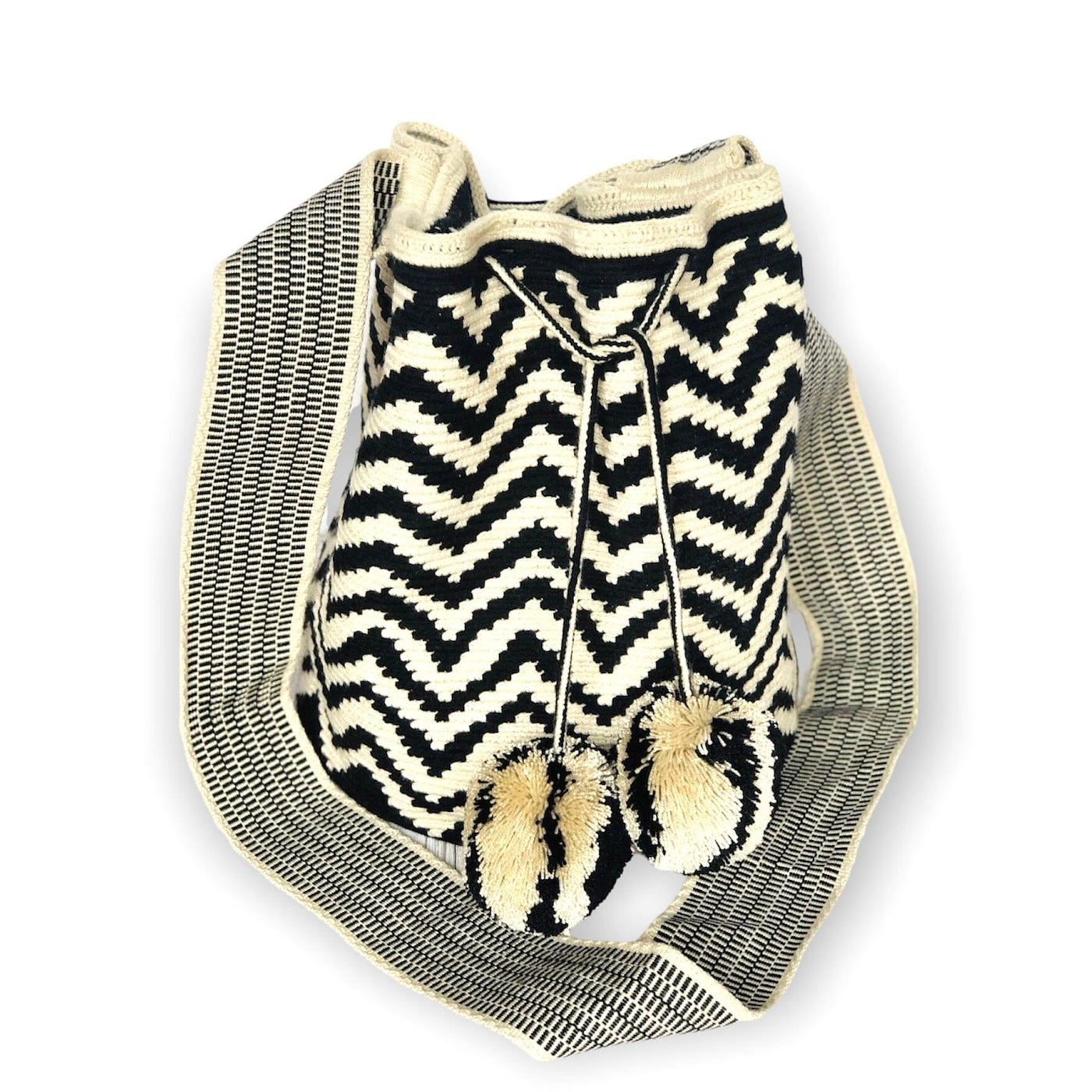 Black and white crochet crossbody bag | Chevron Pattern with pompoms | Colorful 4U