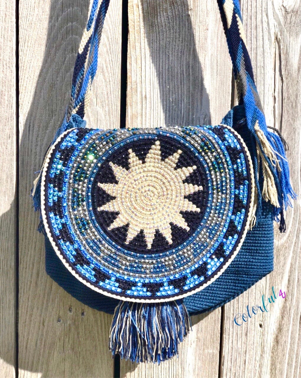 Blue Crochet Bucket Bag with Cover | Crossbody Bohemian Bag | Casual Bag with crystals