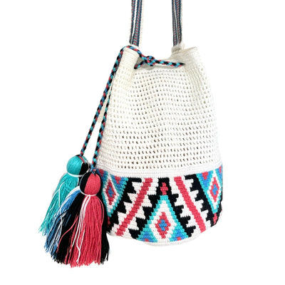 White Blue and Rose Navajo pattern Crochet Mesh Bags | Crossbody Boho Handbags | Bohemian purse | Colorful 4u