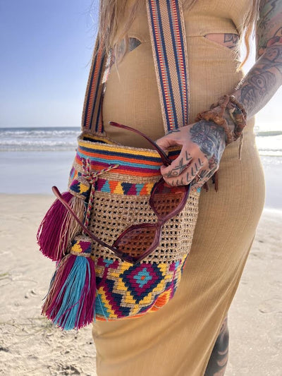 Colorful Crochet Mesh Bags | L Special Edition Crochet Boho Bag - Crossbody/Shoulder Bucket Bag 