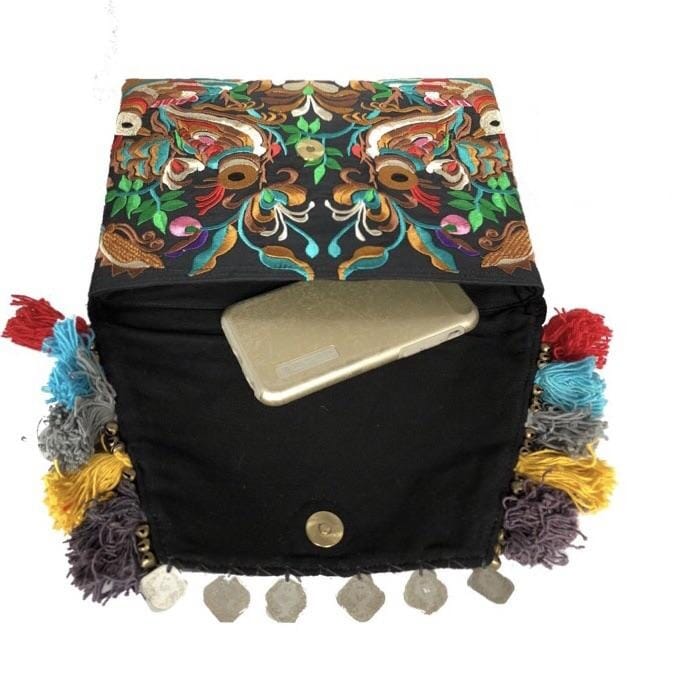 Colorful Embroidered Boho Clutch - Bohemian Black Embroidered Clutch Bag 