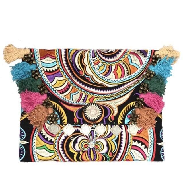 Colorful Embroidered Boho Clutch - Bohemian Black Embroidered Clutch Bag Rainbow CEPC04