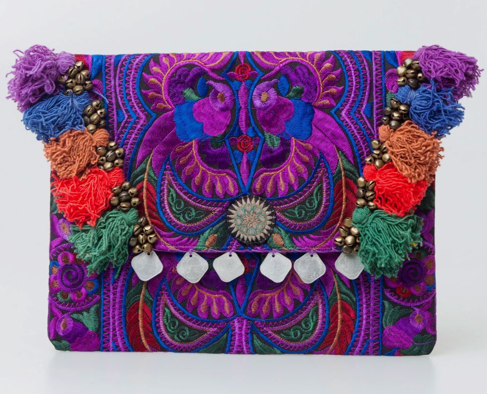 Colorful Embroidered Clutch - Tassel Clutch Bag - Bohemian Style Embroidered Clutch Bag PURPLE CEPC01-PR