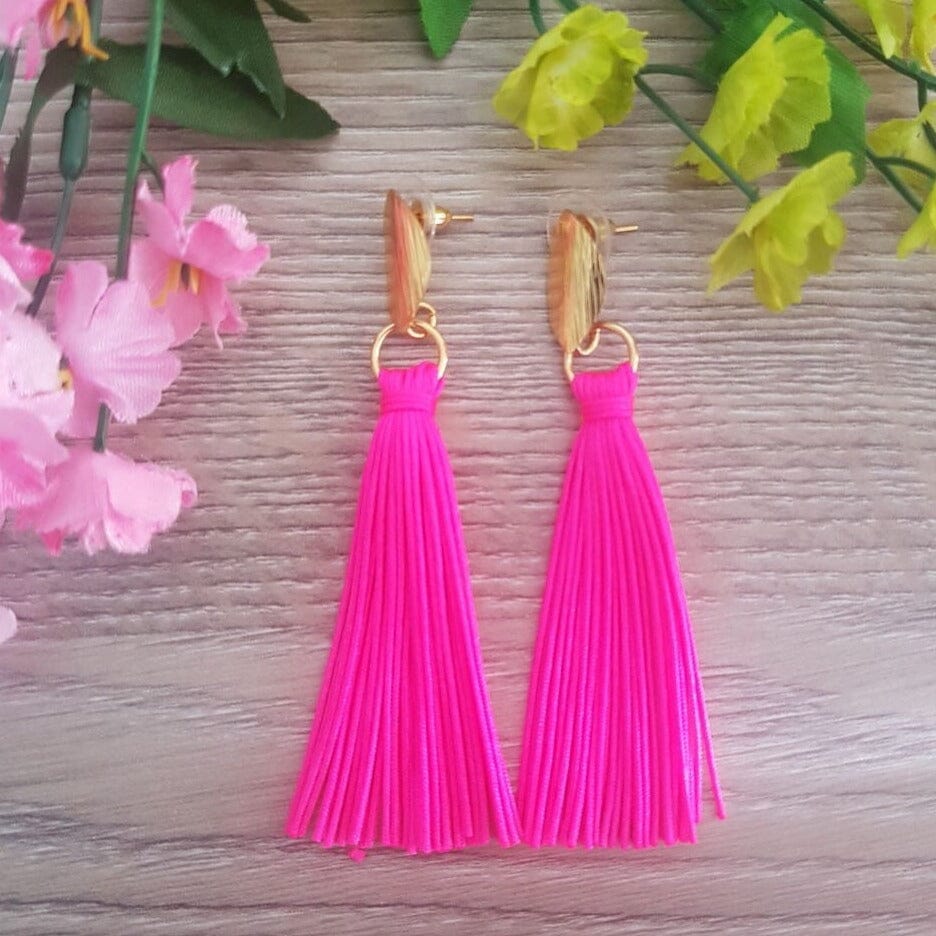 Hot Pink Summer  Tassel Earrings | Fringe Drop Earrings | Gold Statement Earrings | Colorful 4U