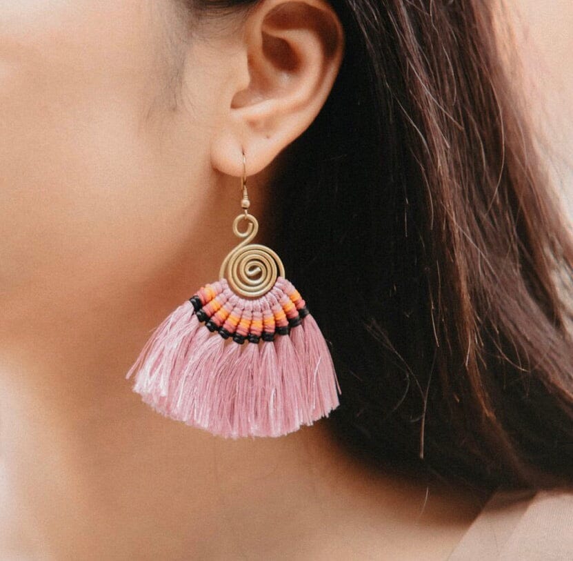 PINK Tassel Earrings-Woven Silk Thread Fringe Earrings-Tribal-Boho