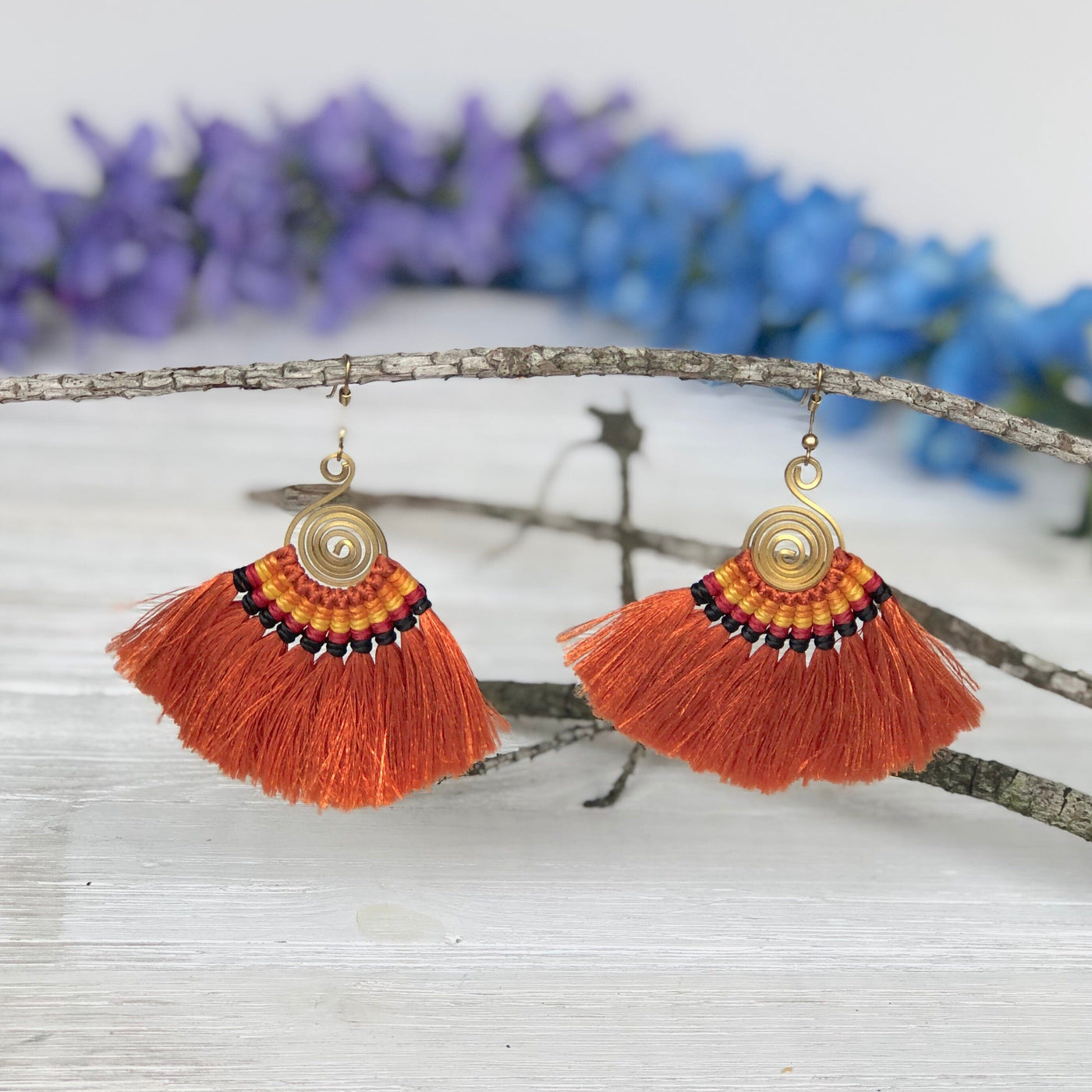 ORANGE Tassel Earrings-Woven Silk Thread Fringe Earrings-Tribal-Boho