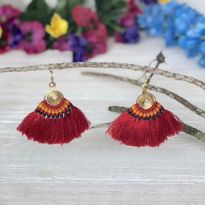 RED Tassel Earrings-Woven Silk Thread Fringe Earrings-Tribal-Boho