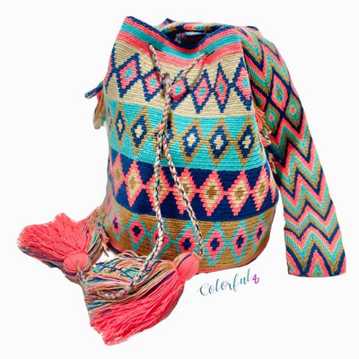 Coral Crochet Bags - Large Crossbody Crochet Boho Bag - Traditional Wayuu Design 