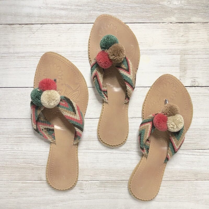 Pom Pom Sandals-Summer Flip Flops -Beach Slides-Cute Sandals-Flats 