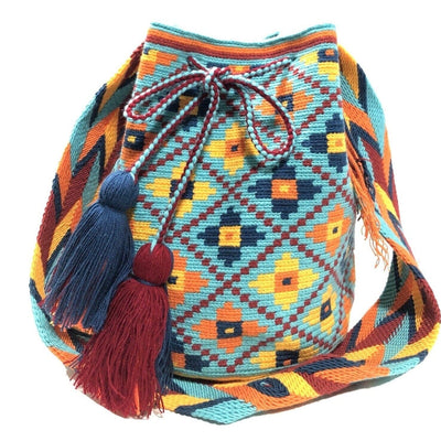 Teal-Turquoise Crossbody Bohemian Bag for women | Summer Crochet Bag| Flowers Pattern