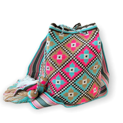 Fall in Love! Limited Edition | Large Crochet Bags Crossbody Crochet Boho Bag - Traditional Wayuu Design Teal/Pink - Cotton Candy Skies 