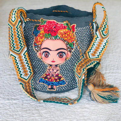 Frida Tribute - Rhinestone Embellished Crochet Bags Special Edition Crochet Boho Bag - Crossbody/Shoulder Bucket Bag 