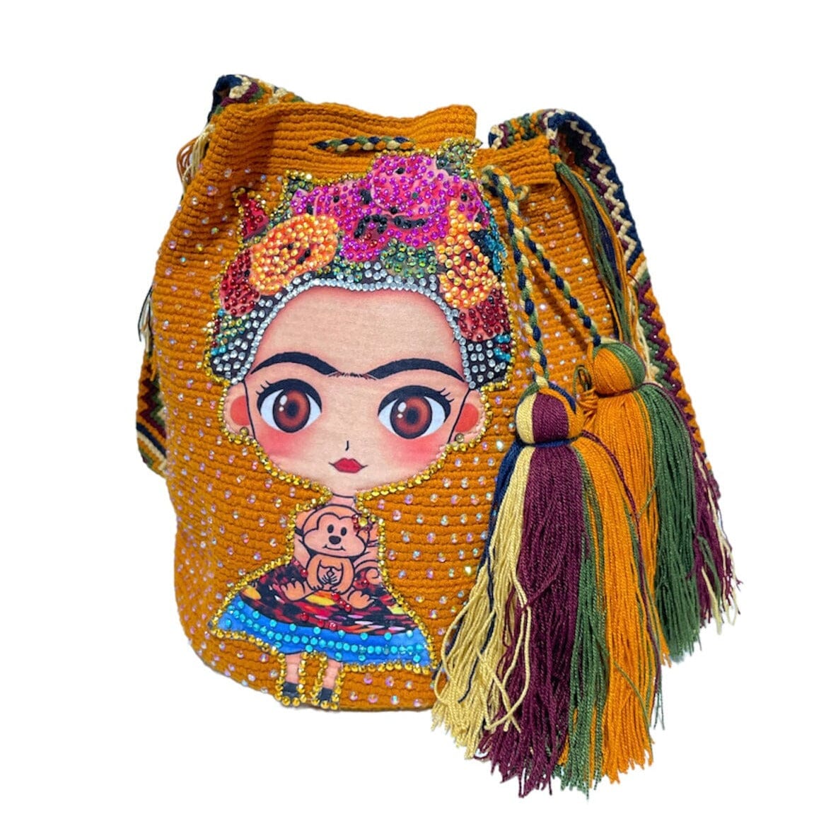Frida Tribute - Rhinestone Embellished Crochet Bags Special Edition Crochet Boho Bag - Crossbody/Shoulder Bucket Bag Mustard 