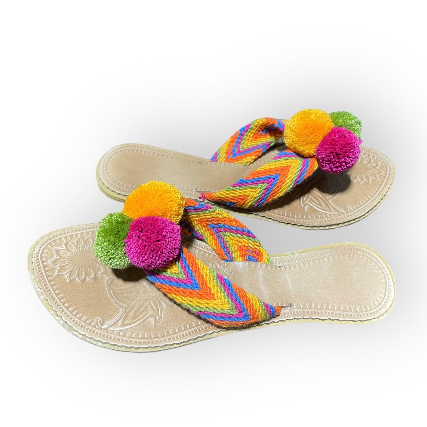 Green Caribbean Sunset Flip-Flops | Summer Pom Pom Sandals Summer Sandals US 7 