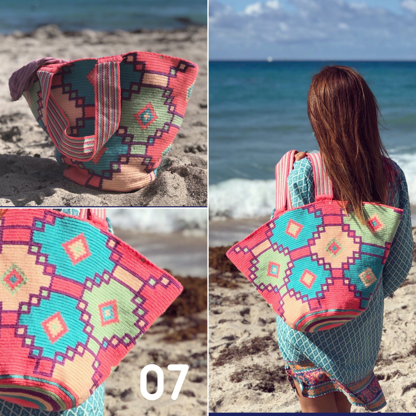 Coral-teal Summer Tote Bag | Beach Tote Bag for summer | Crochet Tote Bag | Colorful 4u