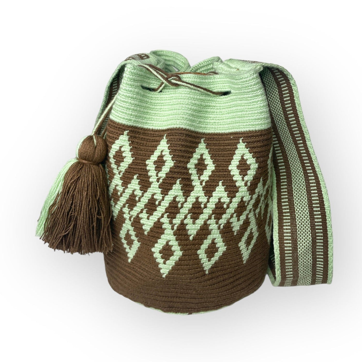 Mykonos Beach Bag | Crossbody - L Crossbody Crochet Boho Bag Brown | Mint Green 