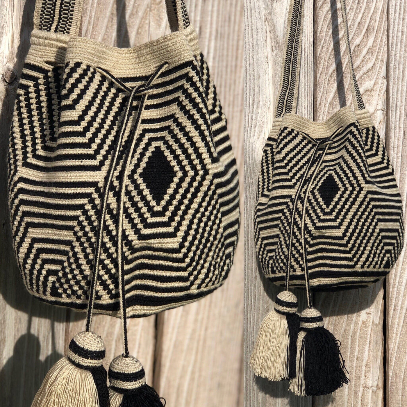 Fashion Black and off-White Crochet Bag-Crossbody Boho Bag-Wayuu Mochila Bag 
