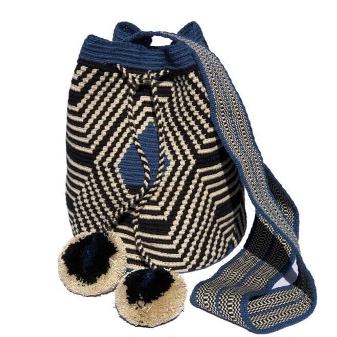 Striped Crochet Bag-Crossbody Boho Bag-Wayuu Mochila-pompoms