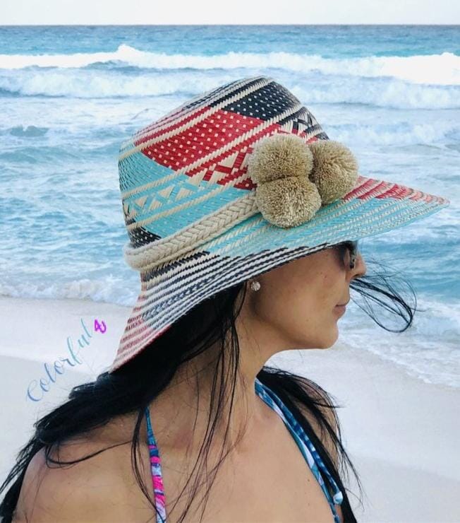 Pompom Hat Band - Handmade Head Band Handmade Iraca Straw Hat - Wayuu Hat 