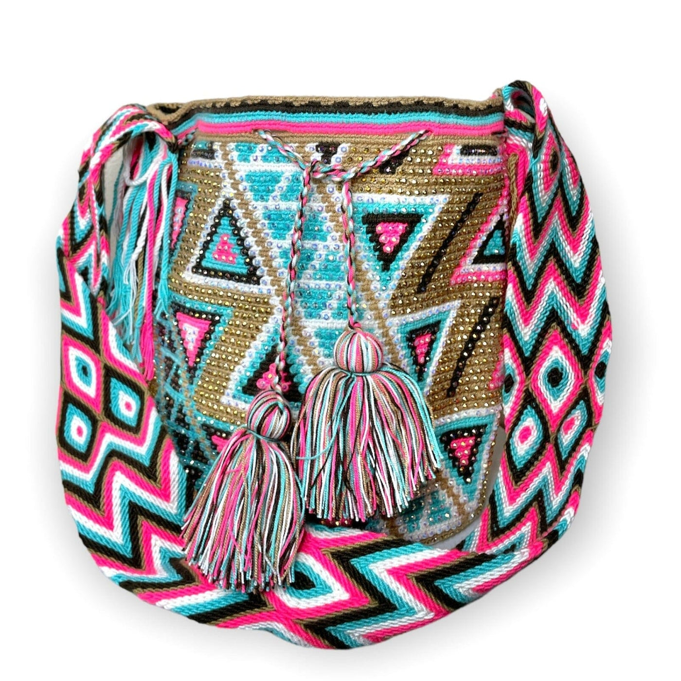 Gold/ Teal Large Crystal Handbag for summer | Colorful Rhinestone Crossbody Purse | Triangle Crochet Pattern | Colorful 4U