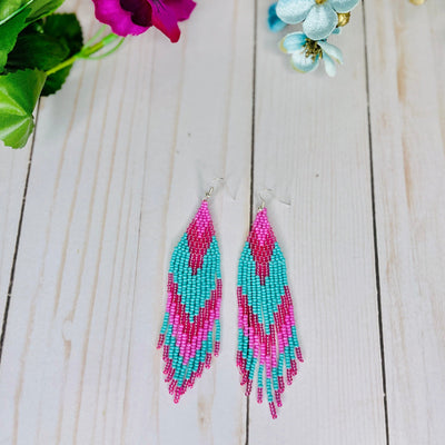 Turquoise/Pink Bead Fringe Earrings for Summer | Statement Boho Earrings | Colorful4U