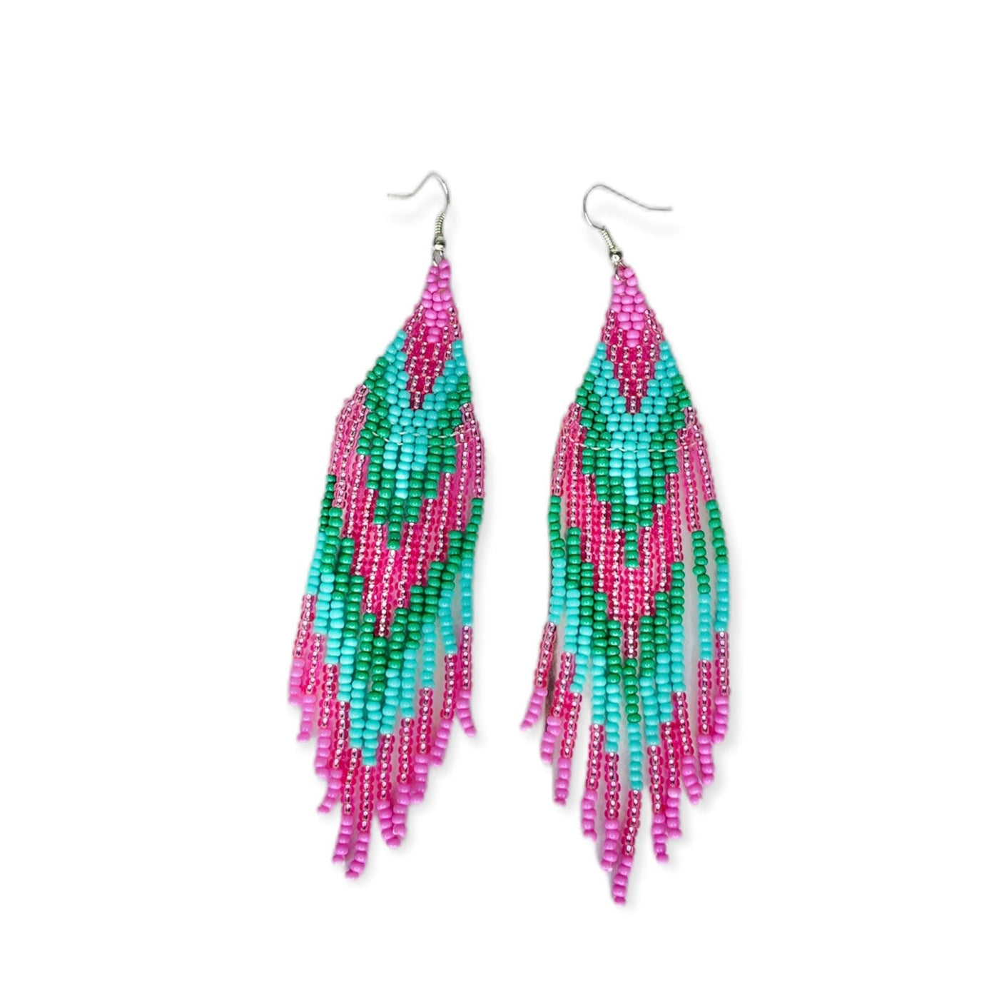 Summer Solstice Beaded Boho Earrings | Native Embera Statement Earrings Tassel Earrings Pink/Green Spring 