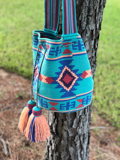 Turquoise Crossbody Crochet Bag-Boho Bag-Bohemian-Bucket-Hippie-Wayuu