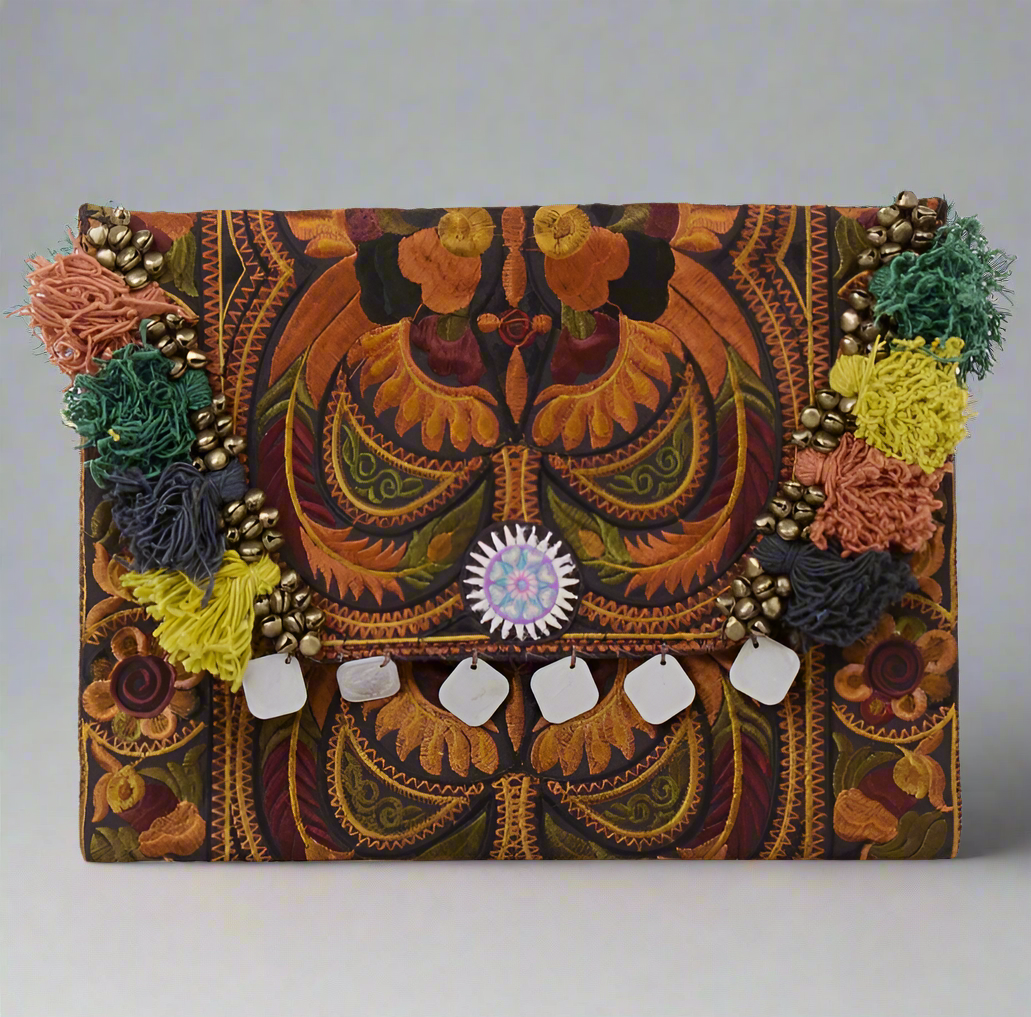 One-of-a-Kind Hmong Embroidered Clutch - Bohemian Tassel Bag