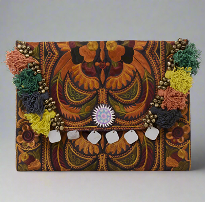 One-of-a-Kind Hmong Embroidered Clutch - Bohemian Tassel Bag