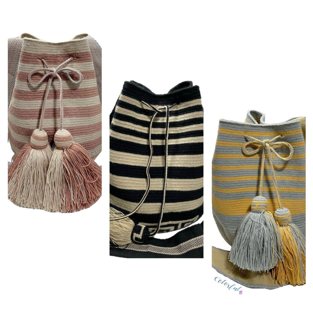 Crossbody Crochet Bags-Bohemian Bags-Striped Bucket Bag 