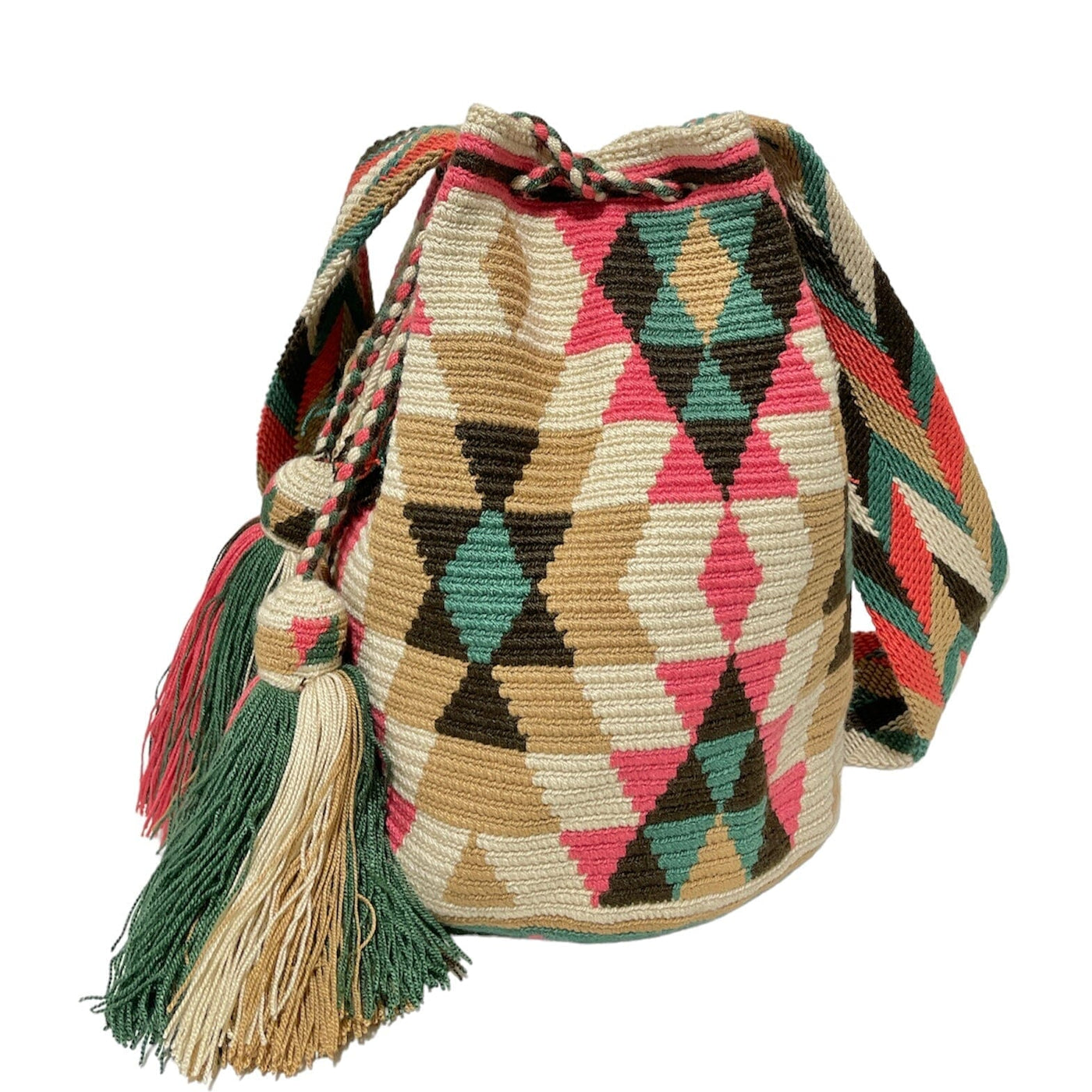 Desert Dreams Crochet Bags (L) - Earth Tones Crossbody Crochet Boho Bag - Traditional Wayuu Design Diamonds 
