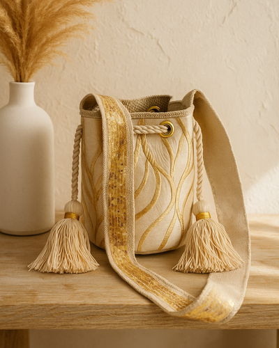 Decorative bucket bag with tassels on a wooden surface with a neutral background