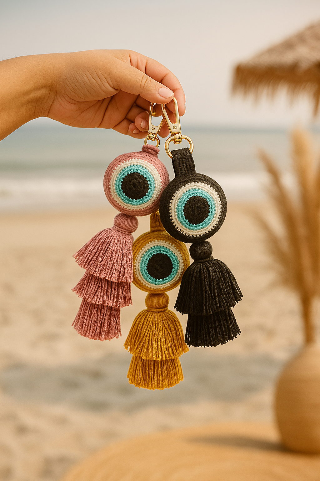 Colorful tassel keychains held by a hand with a beach background
