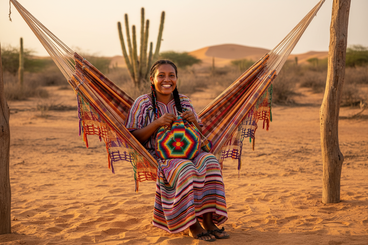 SHE IS SITTING IN A WAYUU HAMACA