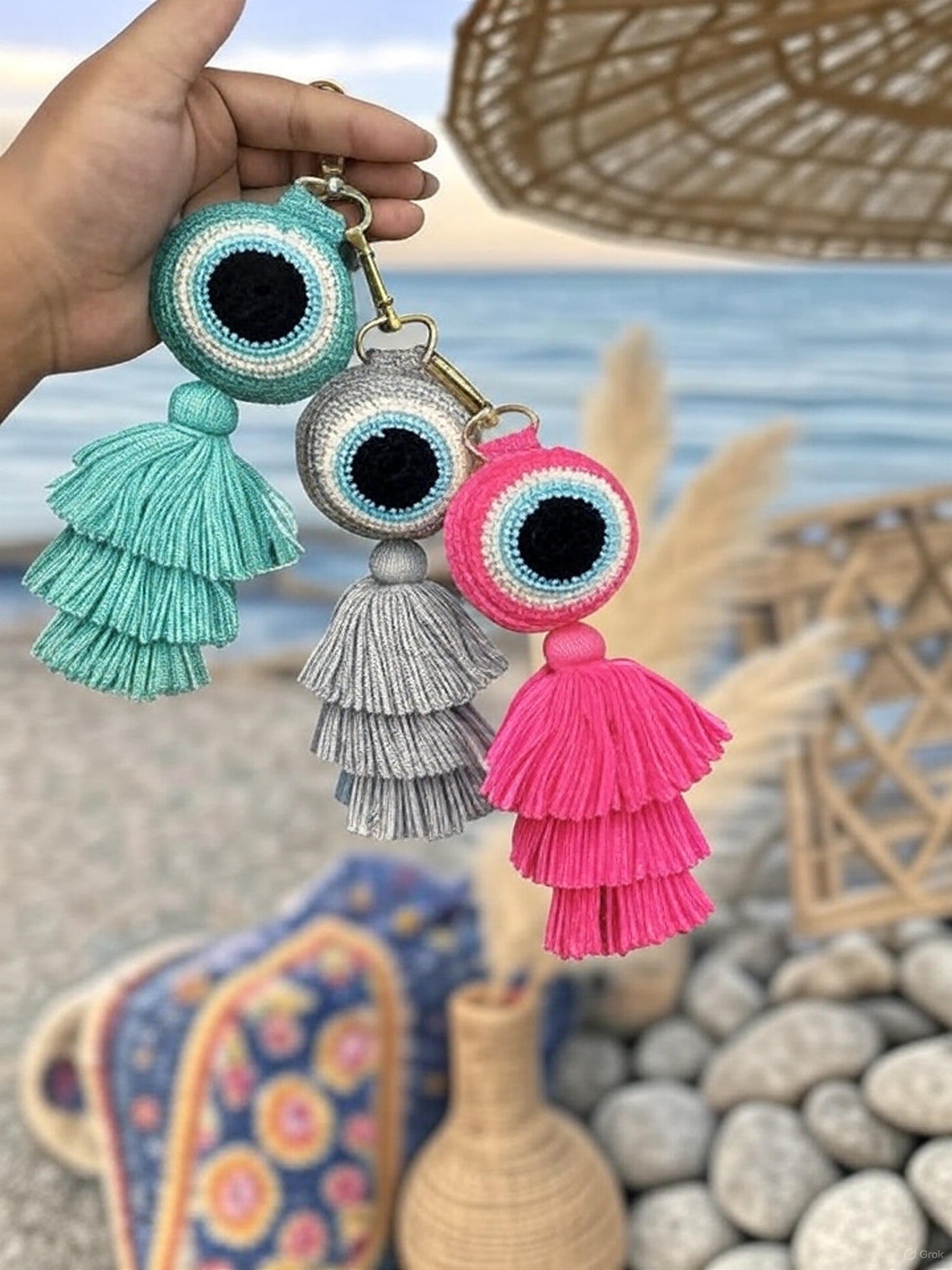 Three colorful tassel keychains held by a hand with a beach background.