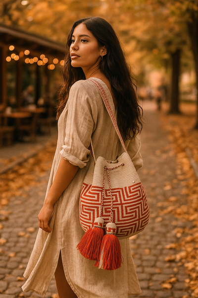 Woman walking outdoors in autumn with a patterned bag