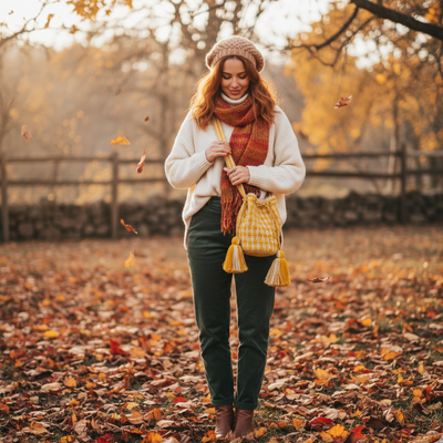 Woman walking in a park with autumn leaves, wearing a white sweater, green pants, and a yellow bucket bag.