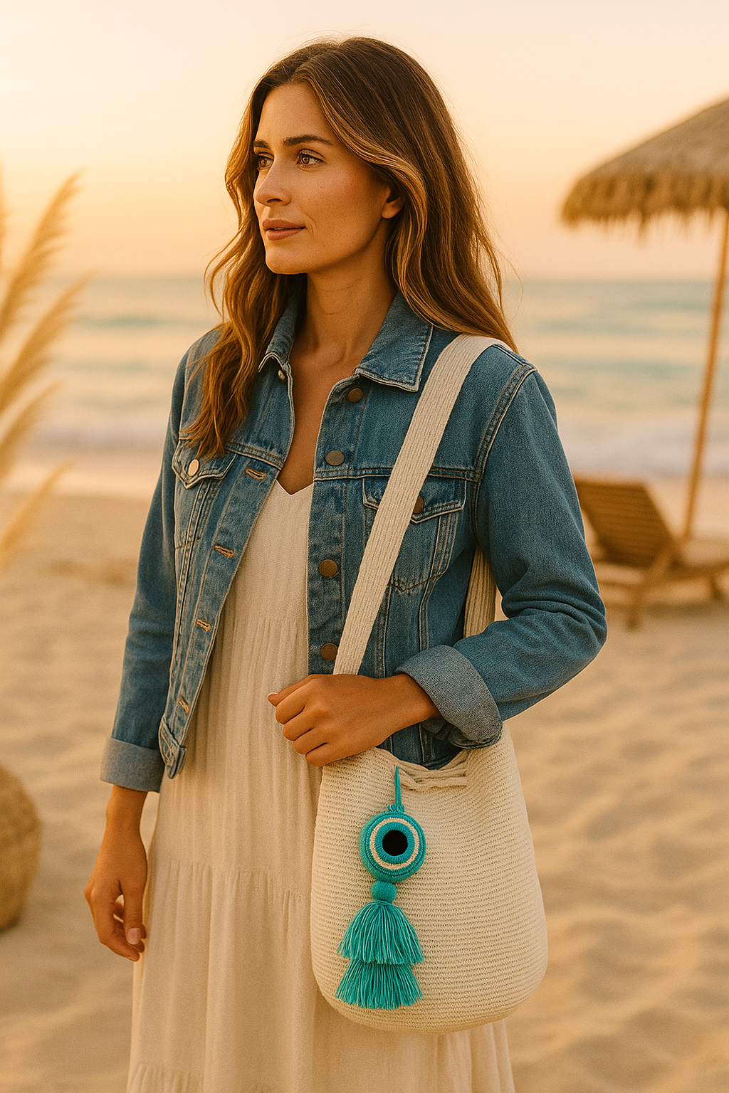 Woman on a beach holding a woven bag with a blue tassel, wearing a denim jacket.