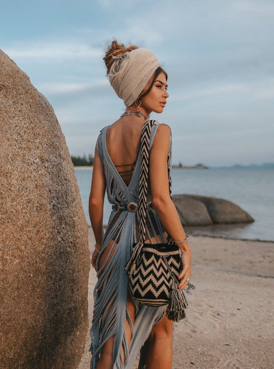 Wearing a Medium Bohemian Purse on Shoulder | Crochet Boho Bag | By Colorful 4U