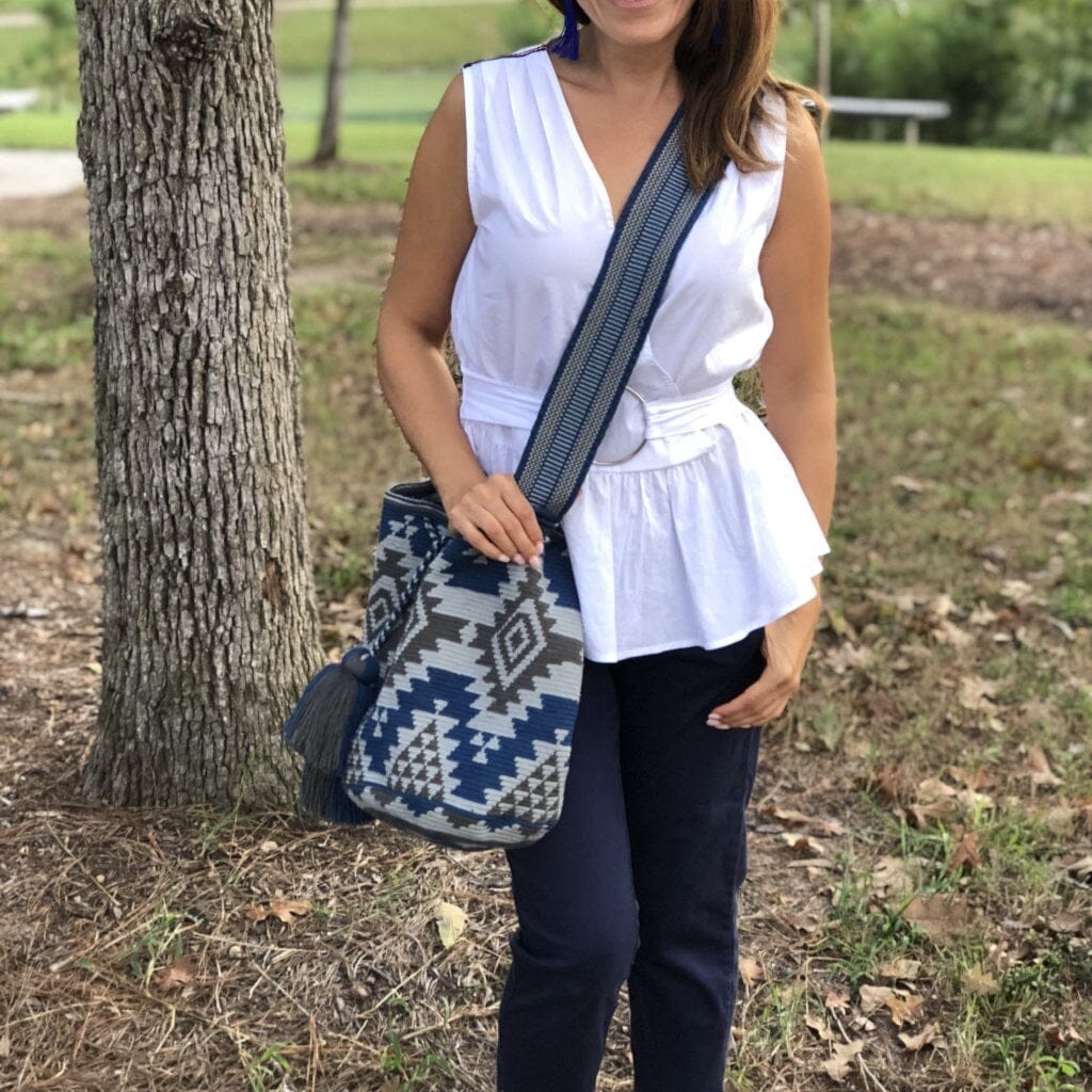 wearing a Crochet Bag with Tribal Patterns | Crossbody Bohemian Bag | Large Bucket Bag